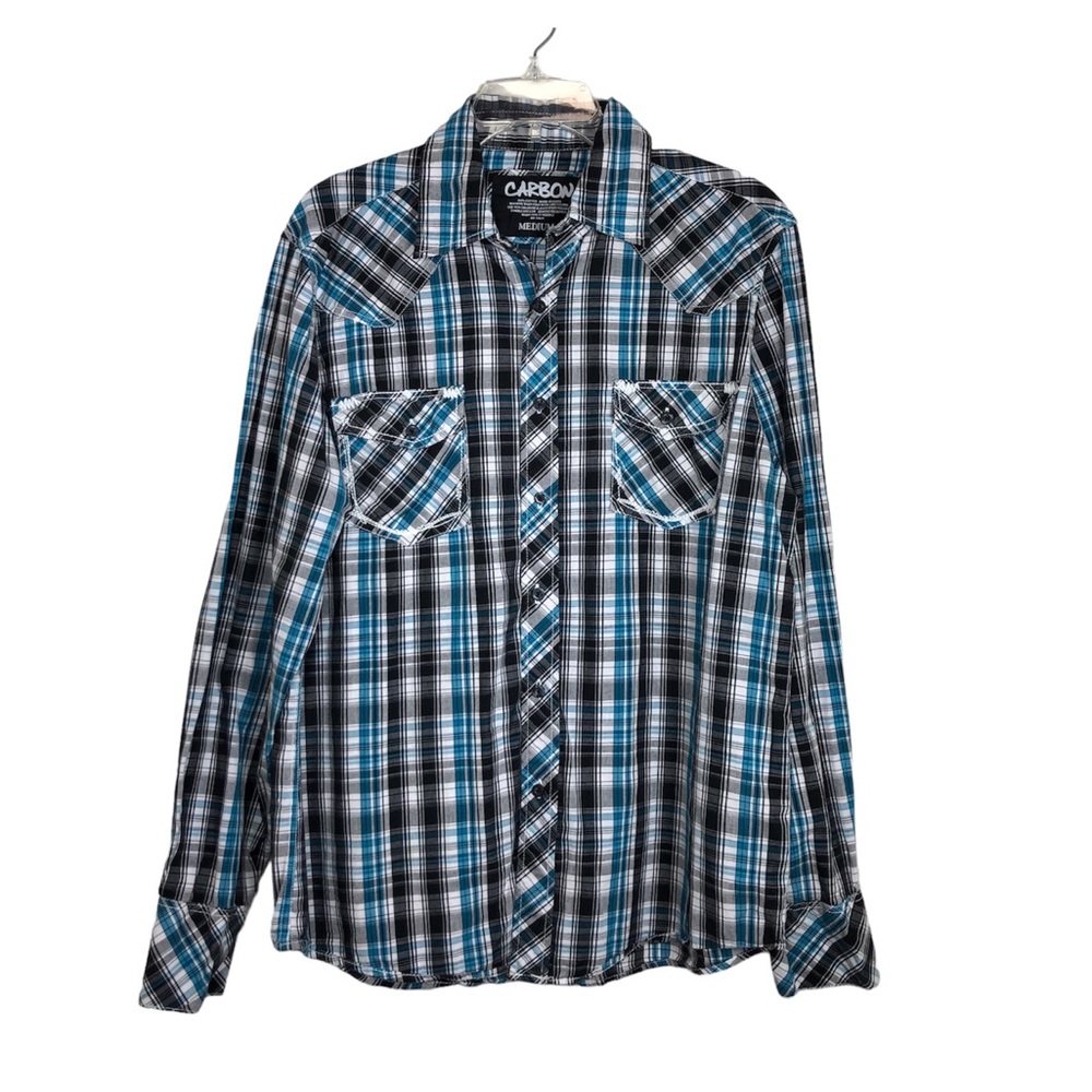Carbon Mens Med Classic Fit Blue Green, Black, Plaid Long Sleeve Button Up M